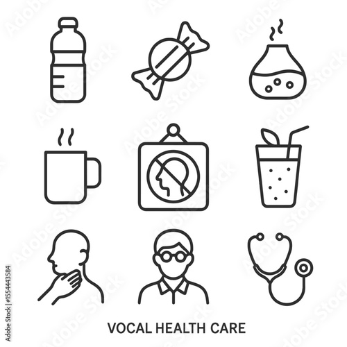 Vocal Health Icon Set. Outline icon set of vocal health and care: water bottle, throat lozenge, humidifier, warm tea mug, vocal