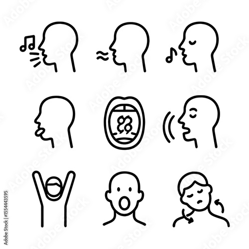 Vocal Exercise Icon Set. Outline icon set of vocal warm-up exercises: scales, lip trill, humming, tongue twister, siren, yawning