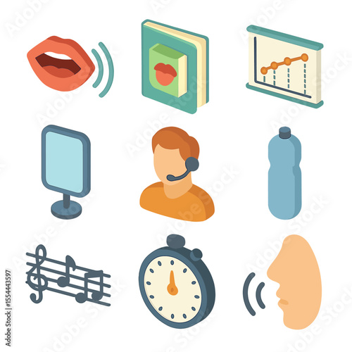 Vocal Warm-up Icons. Isometric Flat icon set of vocal warm-up exercises: mouth with sound waves, tongue twister book, pitch scale