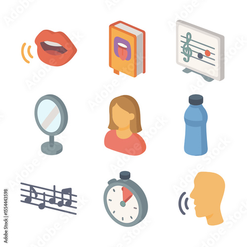 Vocal Warm-up Icons. Isometric Flat icon set of vocal warm-up exercises: mouth with sound waves, tongue twister book, pitch scale