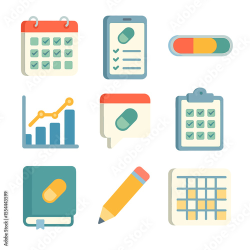 Vitamin Tracking Icons. Isometric Flat icon set of vitamin intake tracking: calendar with checkmarks, mobile app screen, progress
