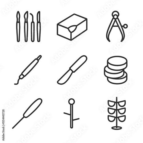 Wax Carving Icon Set. Outline icon set of wax carving and modeling: carving tools, wax block, calipers, wax pen, sculpting knife,