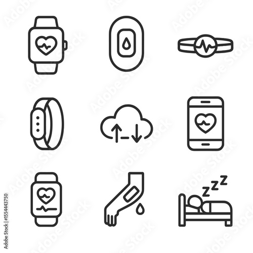 Wearable Health Tech Icons. Outline icon set of wearable biosensors and digital health: smartwatch with heart icon, glucose