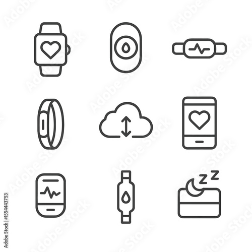 Wearable Health Tech Icons. Outline icon set of wearable biosensors and digital health: smartwatch with heart icon, glucose