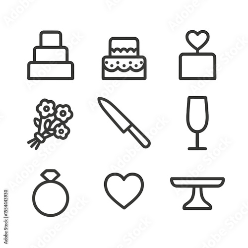 Wedding Cake Icons. Outline icon set of mini wedding cakes: tiered mini cake, lace decoration, cake topper heart, bridal bouquet