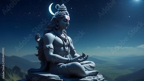 Transcendent Contemplation: A serene, ethereal figure of Lord Shiva in deep meditation under a starlit sky, embodying peace and spiritual enlightenment.