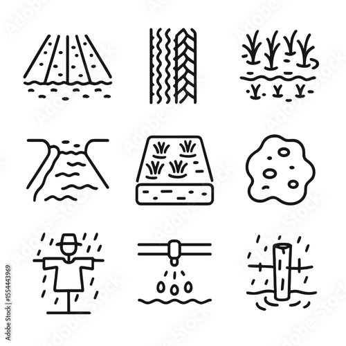 Wet Agriculture Icons. Outline icon set of wet agricultural fields: saturated furrow, tractor tire track, rice paddy, irrigation