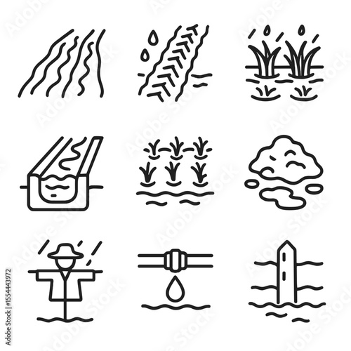 Wet Agriculture Icons. Outline icon set of wet agricultural fields: saturated furrow, tractor tire track, rice paddy, irrigation