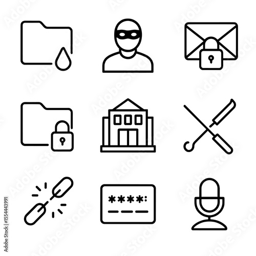 Whistleblower Icon Set. Outline icon set of whistleblowers and leaks: leaking folder icon, masked figure, email envelope with lock