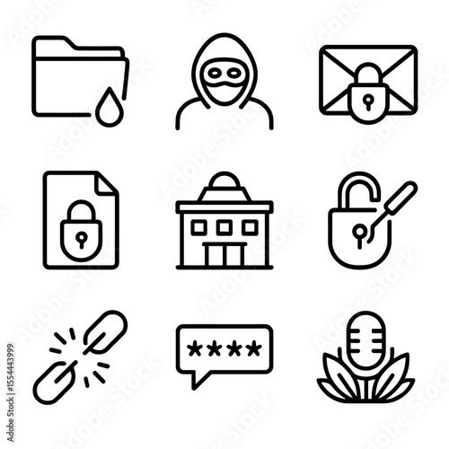 Whistleblower Icon Set. Outline icon set of whistleblowers and leaks: leaking folder icon, masked figure, email envelope with lock