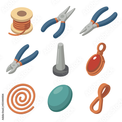 Wire Wrapping Icons. Isometric Flat icon set of wire wrapping techniques: wire spool, round-nose pliers, chain-nose pliers, wire