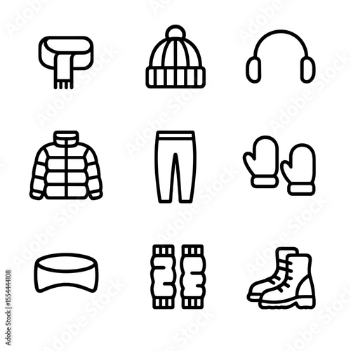 Winter Clothing Icons. Outline icon set of winter clothing for skating: wool scarf, knitted beanie, earmuffs, puffer jacket,