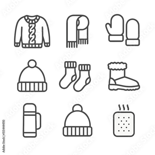 Winter Wear Icons. Outline icon set of cozy winter wear: cable-knit sweater, wool scarf, mittens, beanie, warm socks, fur-lined