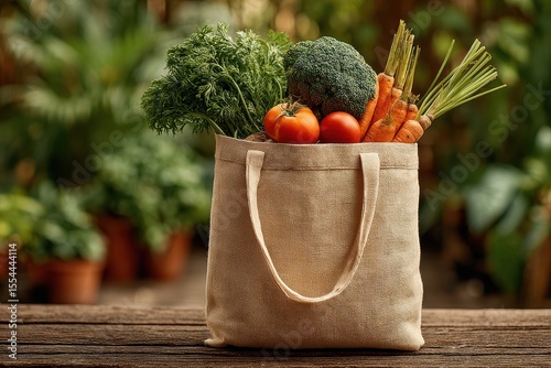 A reusable bag filled with a variety of fresh, colorful vegetables, including tomatoes, carrots, and bell peppers, symbolizing sustainable family shopping and healthy eating.