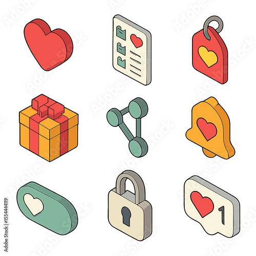 Wishlist Icon Set. Isometric Flat icon set of wishlist and favorites: heart icon, favorite list, save for later tag, gift wishlist