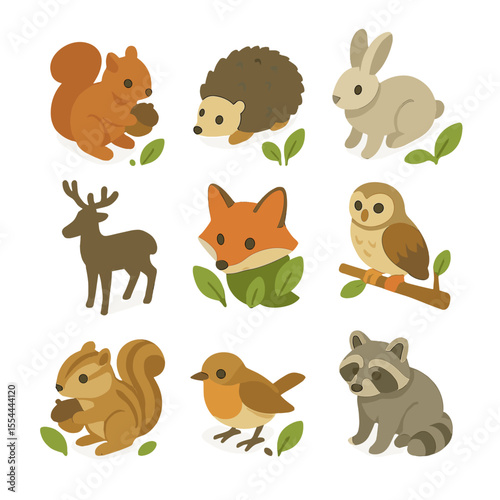 Woodland Animal Icons. Isometric Flat icon set of woodland creatures among leaves: squirrel with acorn, hedgehog, rabbit, deer