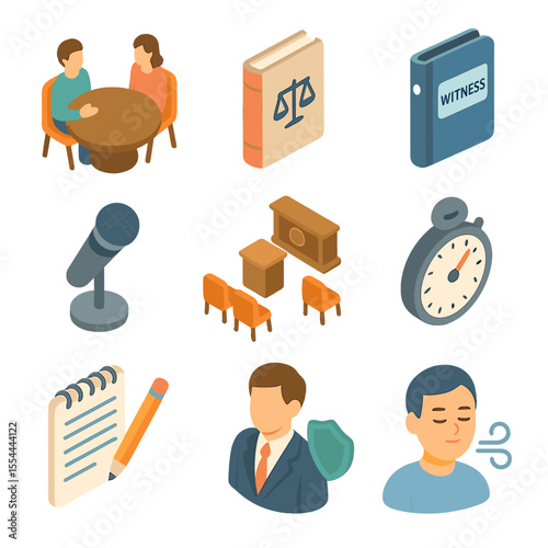 Witness Coaching Icons. Isometric Flat icon set of Witness Preparation and Coaching: coaching session table, legal brief, witness