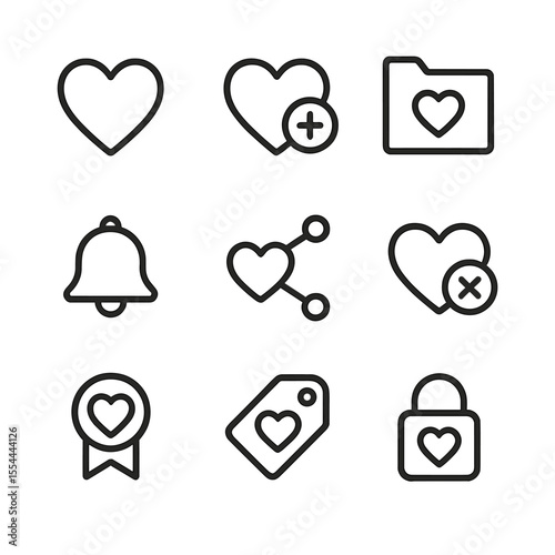 Wishlist Icon Set. Outline icon set of Wishlist and Favorites: heart outline, add to wishlist button, favorite list folder, notify
