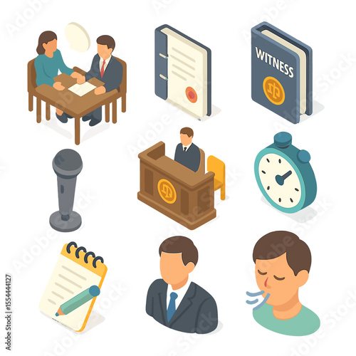 Witness Coaching Icons. Isometric Flat icon set of Witness Preparation and Coaching: coaching session table, legal brief, witness