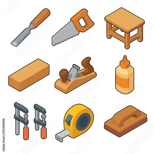 Woodworking Tools Icons. Isometric Flat icon set of woodworking craftsmanship: chisel, saw, workbench, wooden plank, plane tool,
