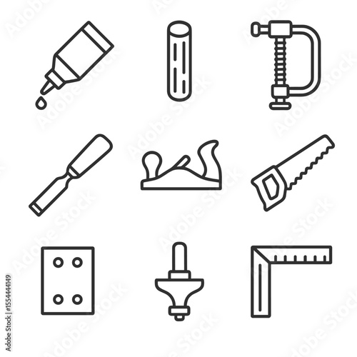 Woodworking Tools Icons. Outline icon set of woodworking joinery: wood glue tube, wooden dowel, clamp, chisel, wood plane, saw,