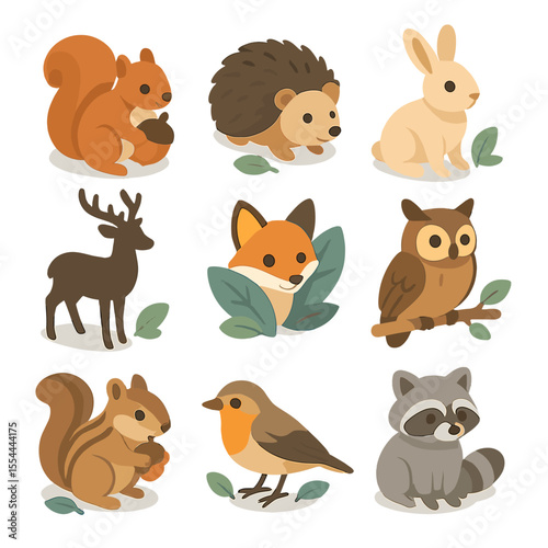 Woodland Animal Icons. Isometric Flat icon set of woodland creatures among leaves: squirrel with acorn, hedgehog, rabbit, deer