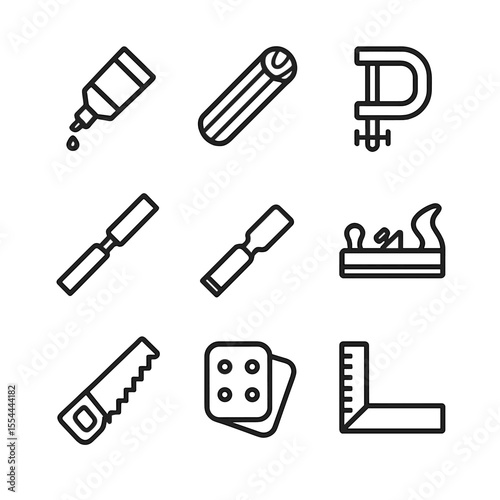 Woodworking Tools Icons. Outline icon set of woodworking joinery: wood glue tube, wooden dowel, clamp, chisel, wood plane, saw,