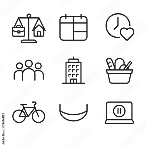 Work-Life Balance Icons. Outline icon set of work-life balance: scales with briefcase and home, calendar split, clock with heart,