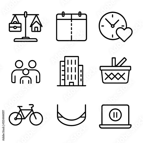 Work-Life Balance Icons. Outline icon set of work-life balance: scales with briefcase and home, calendar split, clock with heart,