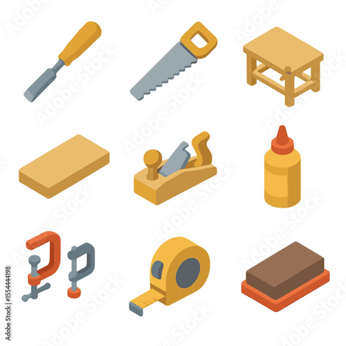 Woodworking Tools Icons. Isometric Flat icon set of woodworking craftsmanship: chisel, saw, workbench, wooden plank, plane tool,