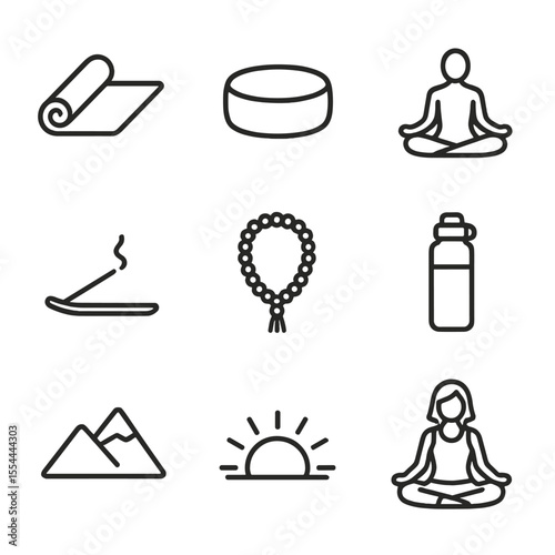 Yoga Retreat Icons. Outline icon set of yoga retreat elements: yoga mat, meditation cushion, lotus pose silhouette, incense stick,