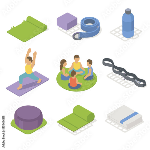 Yoga Icon Set. Isometric Flat icon set of flexibility and yoga in park: yoga mat on grass, yoga block, yoga strap, water bottle,