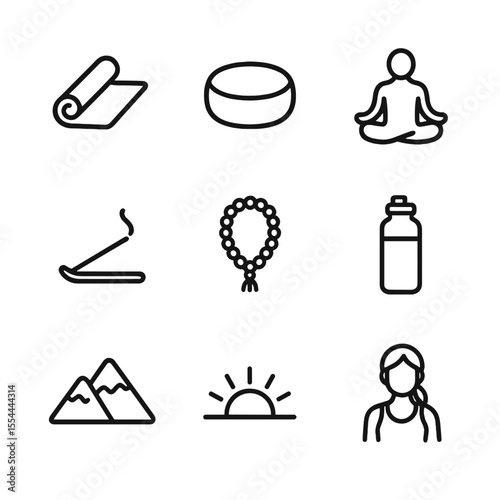Yoga Retreat Icons. Outline icon set of yoga retreat elements: yoga mat, meditation cushion, lotus pose silhouette, incense stick,