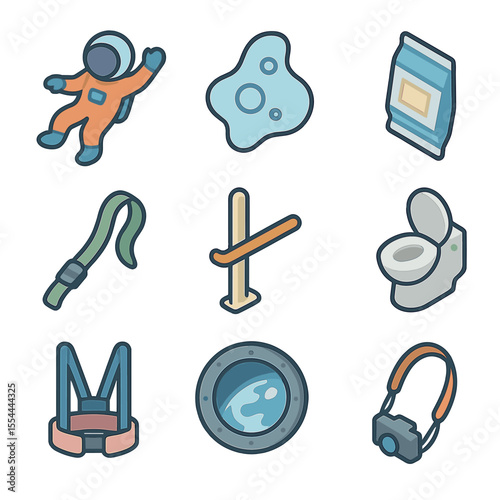 Zero-Gravity Icon Set. Isometric Flat icon set of zero-gravity experiences: floating astronaut, liquid bubble, floating food