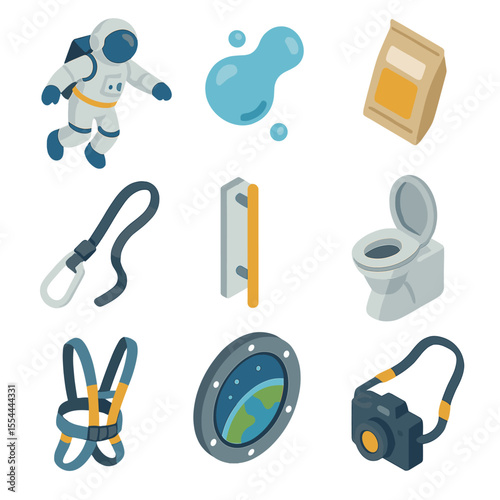 Zero-Gravity Icon Set. Isometric Flat icon set of zero-gravity experiences: floating astronaut, liquid bubble, floating food