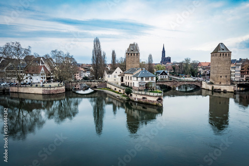 Strasbourg medieval buildings on waterfront in Alsace