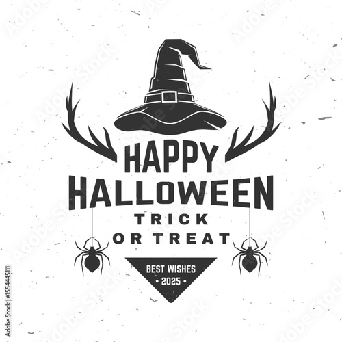 Happy Halloween. Trick or treat design. Vector illustration. For holiday Halloween design, shirt, logo, badge, decorations, cards, banner with wizard hat, spiders and horns silhouette.