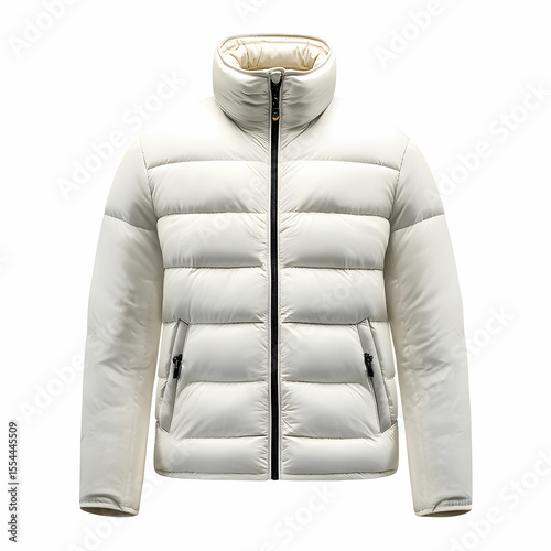 A male outerwear jacket in white nylon with goose down padding, sleeveless, featuring a stand collar and front zipper closure, isolated on a white background