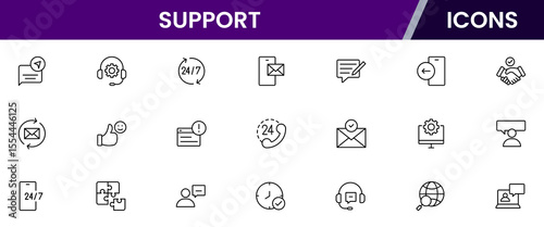 Vector illustration web line icon collection for support: help desk, chat, customer service, and assistance symbols in a friendly, modern, and approachable design style.