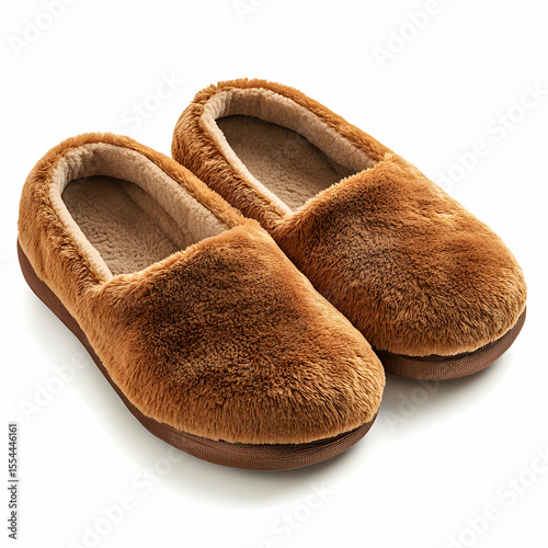 A pair of cozy brown house slippers with a soft, plush interior, isolated on a white background