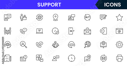 Vector illustration web line icon collection for support: help desk, chat, customer service, and assistance symbols in a friendly, modern, and approachable design style.