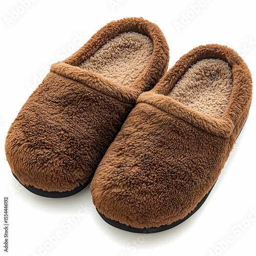 A pair of cozy brown house slippers with a soft, plush interior, isolated on a white background