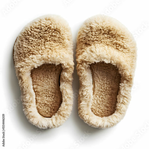 A pair of cozy sheepskin slippers, showcasing their soft texture, isolated on a clean white background