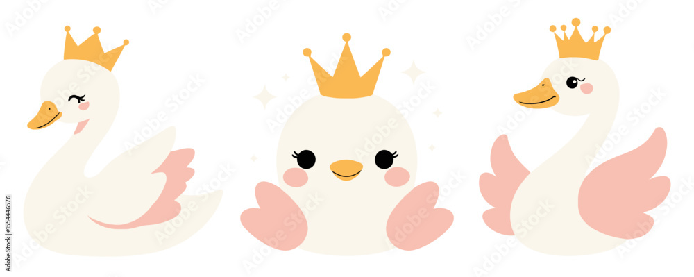 Cute Swan Princess and Baby Duckling Vector Set with Royal Animal Characters in Pastel Style for Nursery Kids and Fairytale Designs Cute Swan Princess and Baby Duckling Vector Set with Royal Animal Characters in Pastel Style for Nursery Kids and Fairytale Designs