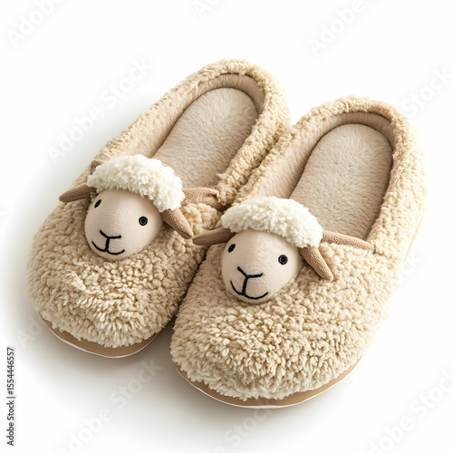 A pair of cozy women slippers with a soft fleece lining, overlooking a cute sheep, isolated on a white background
