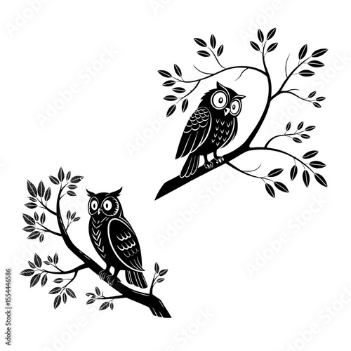 Two stylized owls perched on branches with leaves, depicted in black and white.