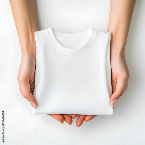 A pair of delicate female hands holding a neatly folded t-shirt, isolated on a white background, showcasing the soft fabric