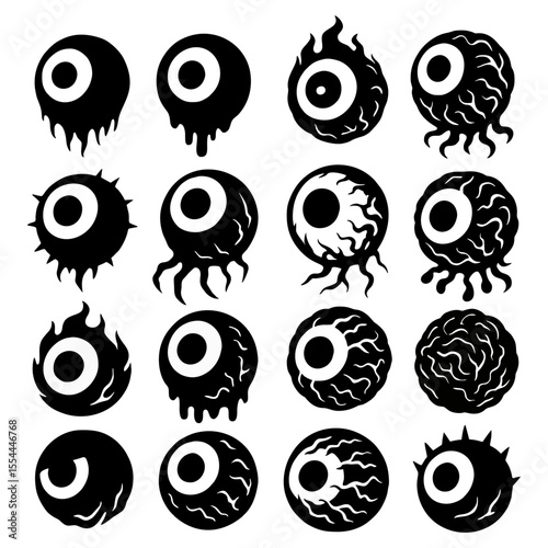 Collection of sixteen stylized eyeball illustrations, each with unique and spooky designs in black and white.