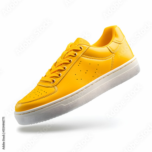 A pair of flying yellow leather women's sneakers, isolated on a clean white background