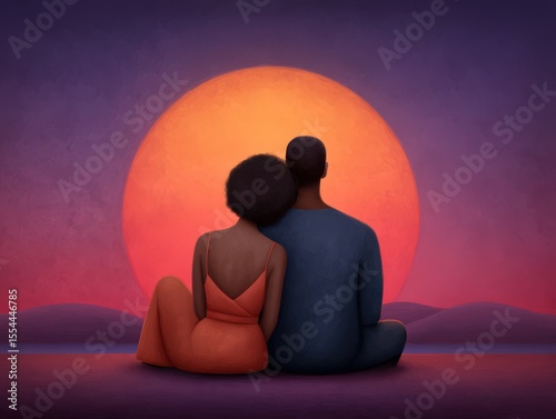Emotional couple enjoying a tranquil sunset moment together against a vivid colorful backdrop radiating warmth and intimacy in a serene artistic illustration captured with clarity
